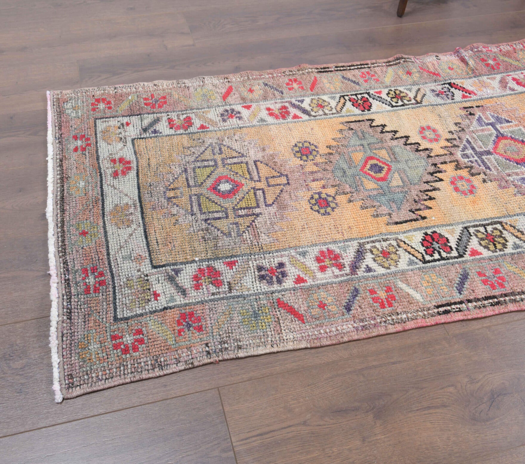 81x380 cm vintage Anatolian runner rug – Ecebahar, low pile, wool