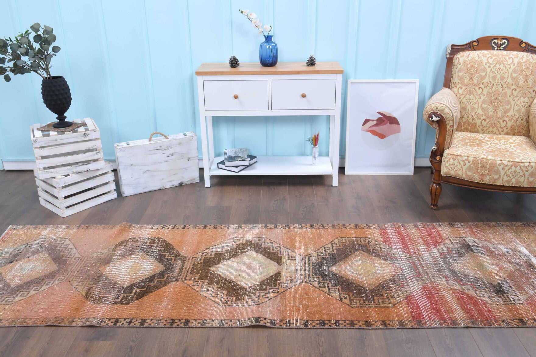 Handmade wool runner from Anatolia, Turkey – Vintage Oushak Runner Rug 3'2" x 10'11"