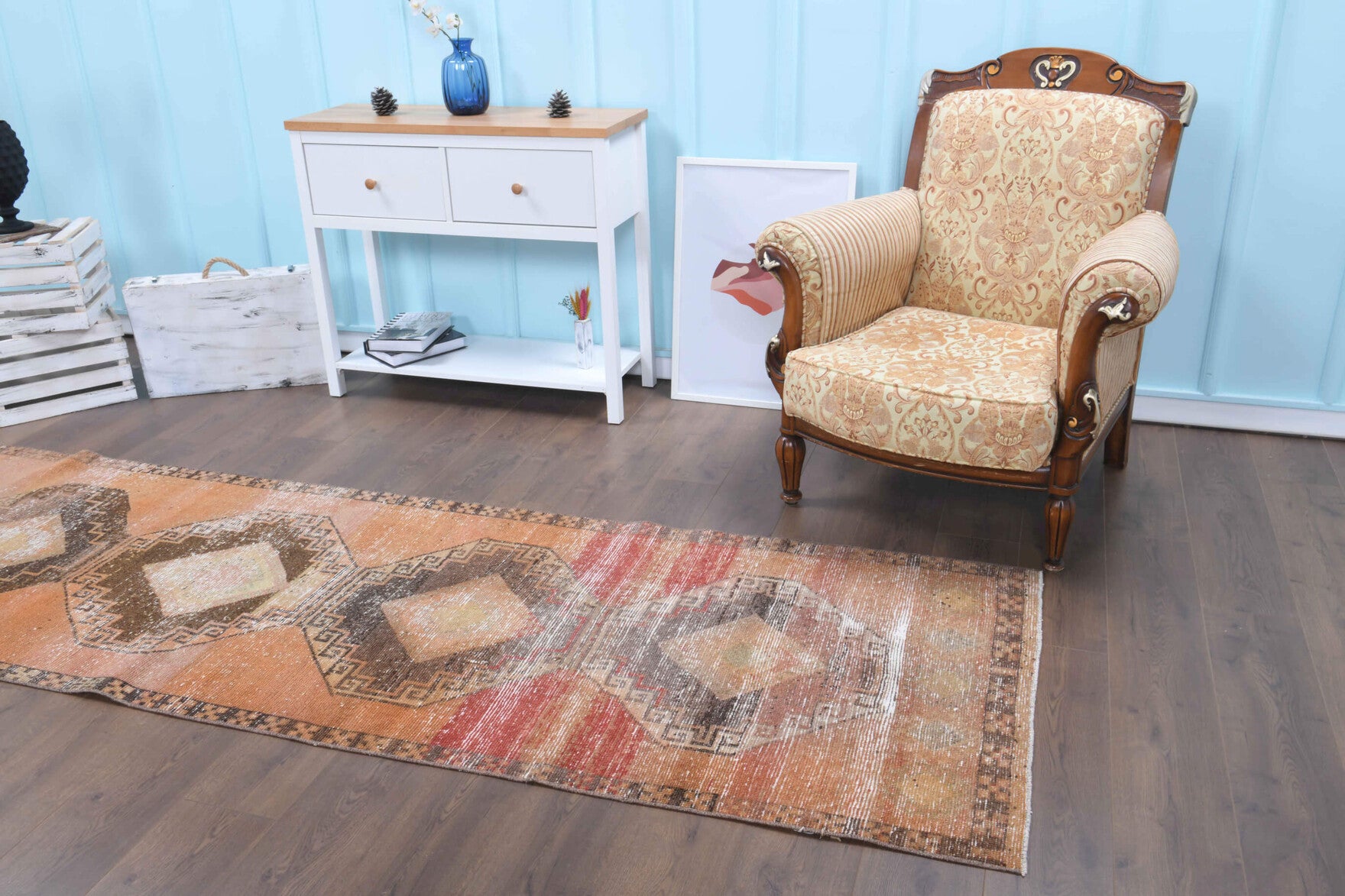 Ceylanefruz – vintage geometric runner for living room or hallway, 3'2" x 10'11" (96x334 cm)