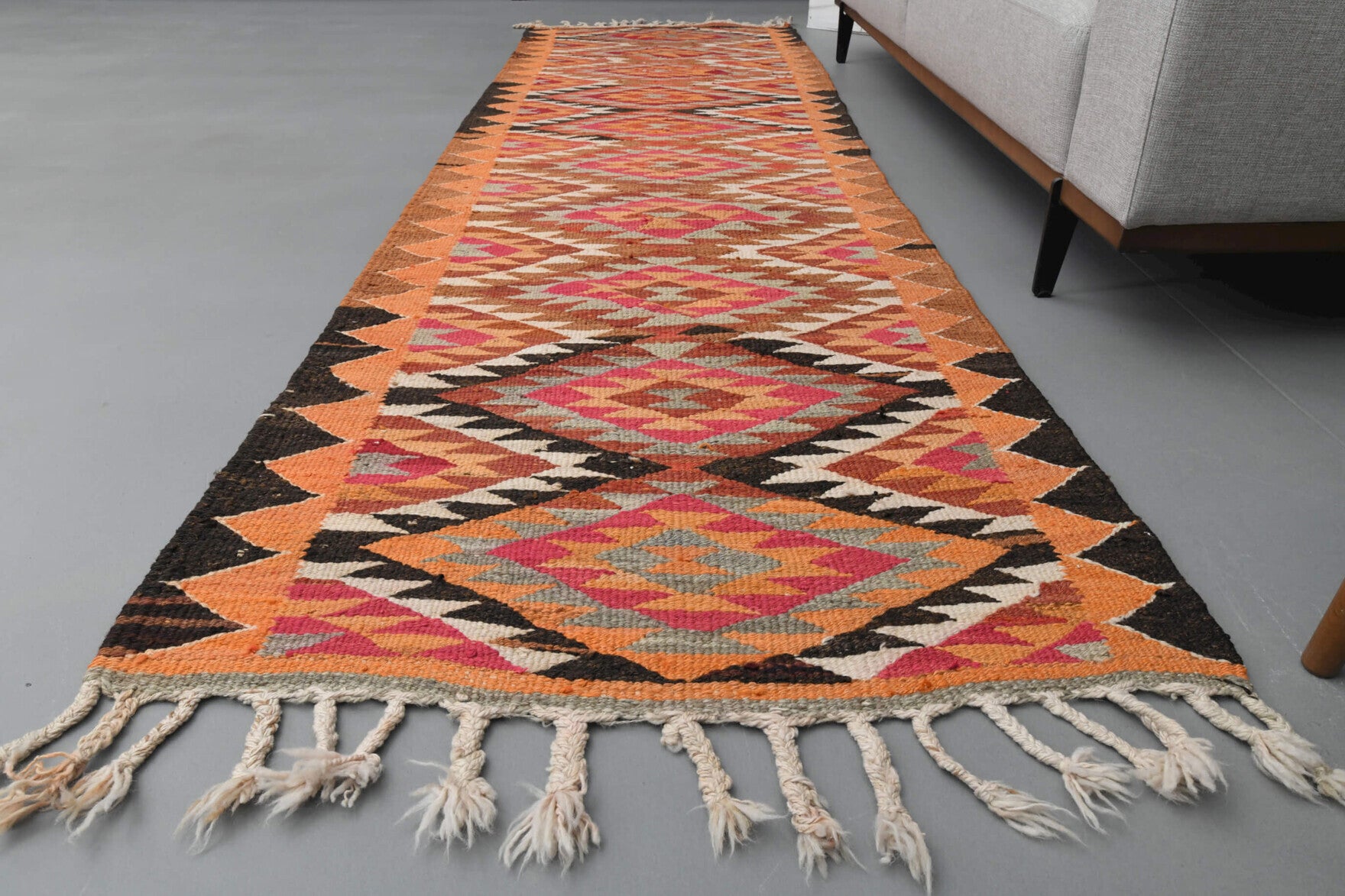98x325 cm vintage kilim Anatolian runner rug – Asinaz, flatweave, wool