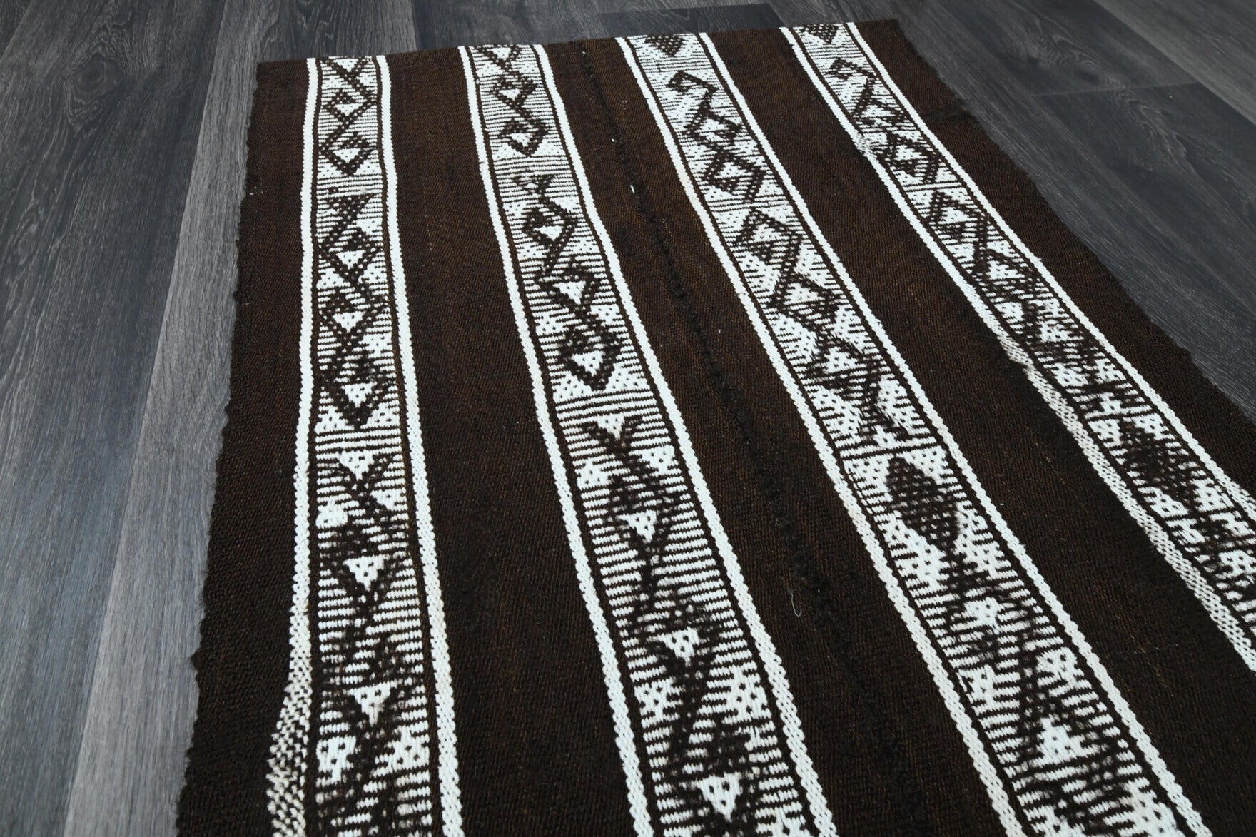 Durucihan kilim: 1960s handwoven flatweave Anatolian kilim with striped motifs