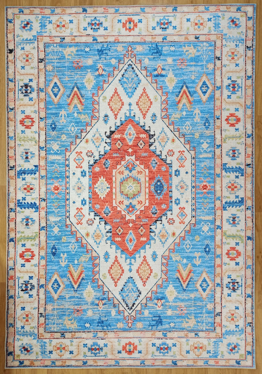 Daniz Teppich Türkischer Teppich in Hellblau und Korallenrot