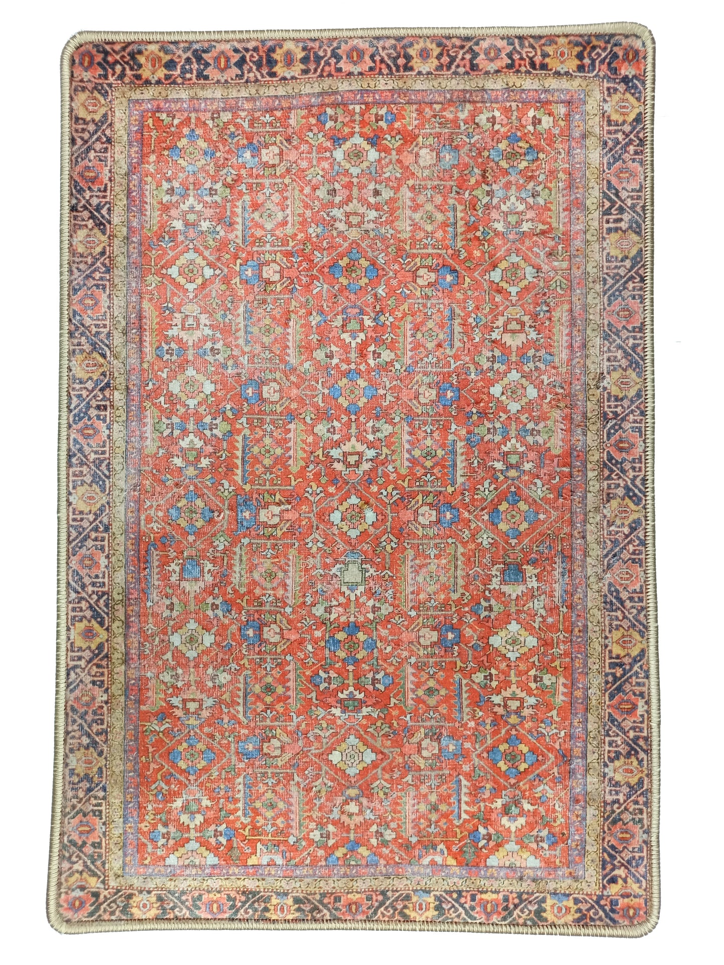 2x3 Oriental Rug, Turkish Faded Red Oushak Vintage Blue Floral Entryway Door Floor Rug Non slip Bath mat, Bathroom mats Kitchen Doormat Rugs - famerugs