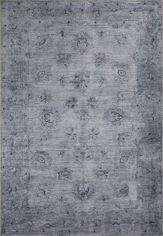 Türkischer Hulya-Teppich mit verblasstem Blumenmuster in Grau