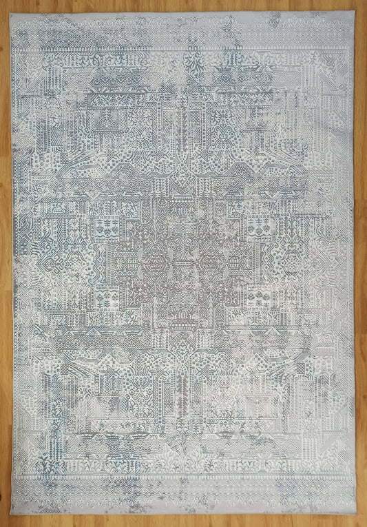 Türkischer Pella-Teppich in Used-Optik in Grau, Hellblau und Weiß