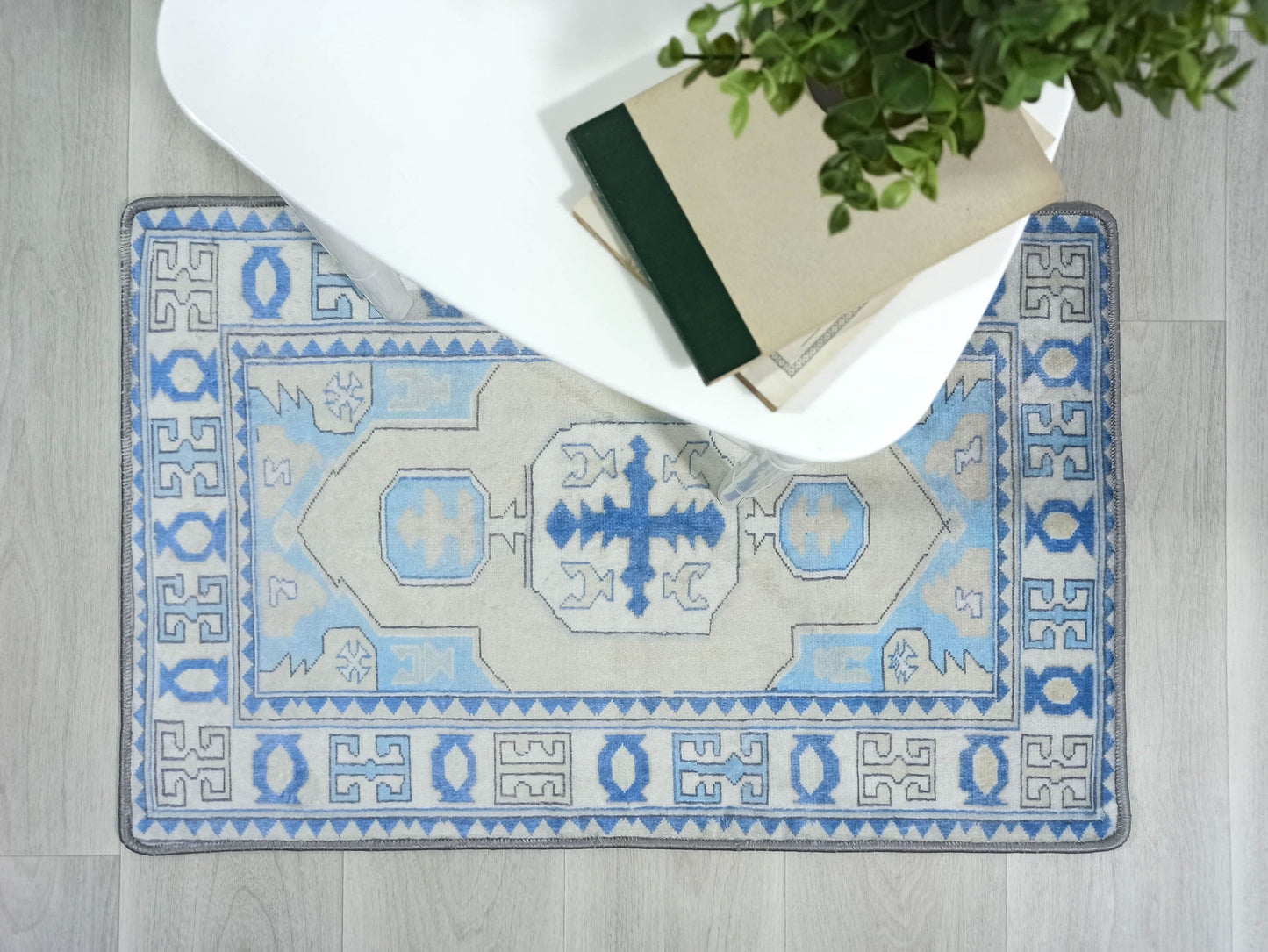 2x3 Turkish Rug, Blue Vintage Geometric Traditional Oushak Entryway Door Floor Mat Safe Anti slip Bath Bathroom Kitchen Bedside Doormat Rugs - famerugs