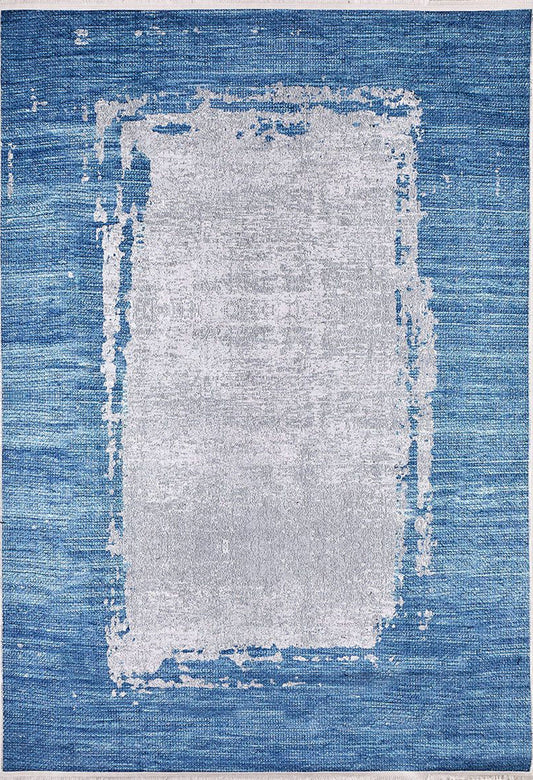 Abstrakter Rama-Teppich mit blauem Rand und grauem Rand