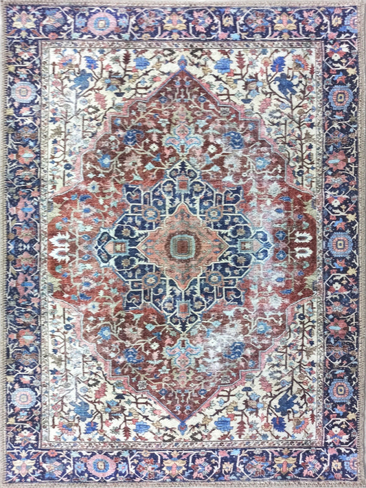 Mero-Teppich, persischer Medaillon-Teppich in Used-Optik in Marineblau und Braun