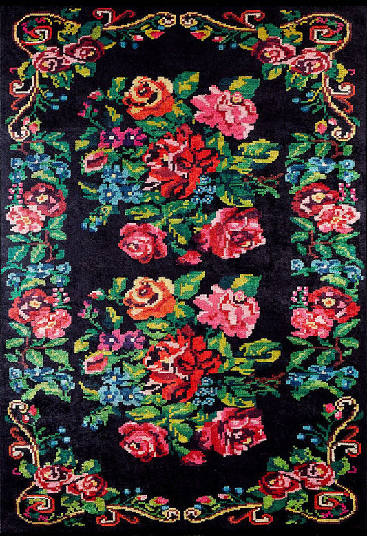 Floria Rose Black Karabagh Kilim Rug - famerugs