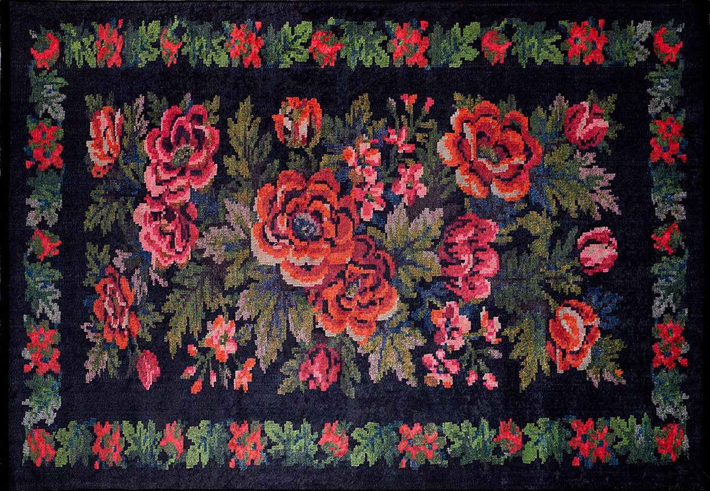 Rosia Rose Black Karabagh floral Kilim Rug