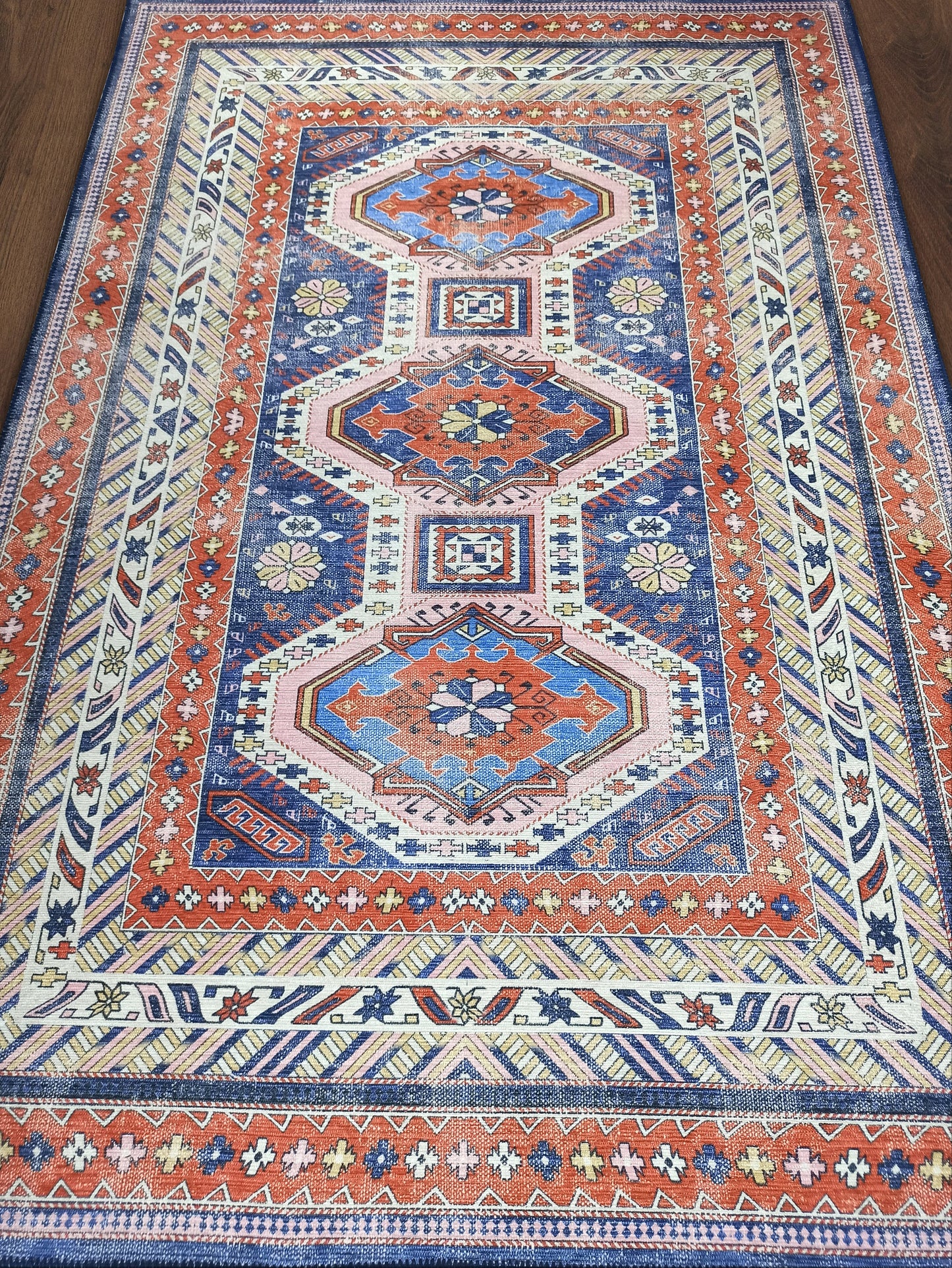 Kazak Vintage Rug, Shades of Blue & Rust Oriental Ethnic Antique Persian Shrivan Inspired Geometric Modern Area Rugs Living room Bedroom