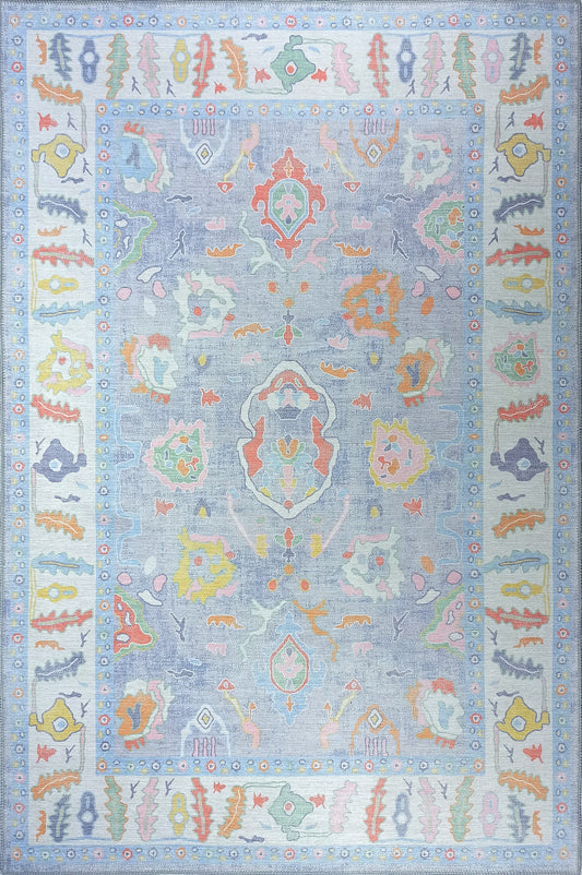 Muted Blues Modern Oushak Rug, Shades of Light Blue Vintage Turkish Colorful Oriental Antique Inspired Area Rugs, Luxury Living room Bedroom