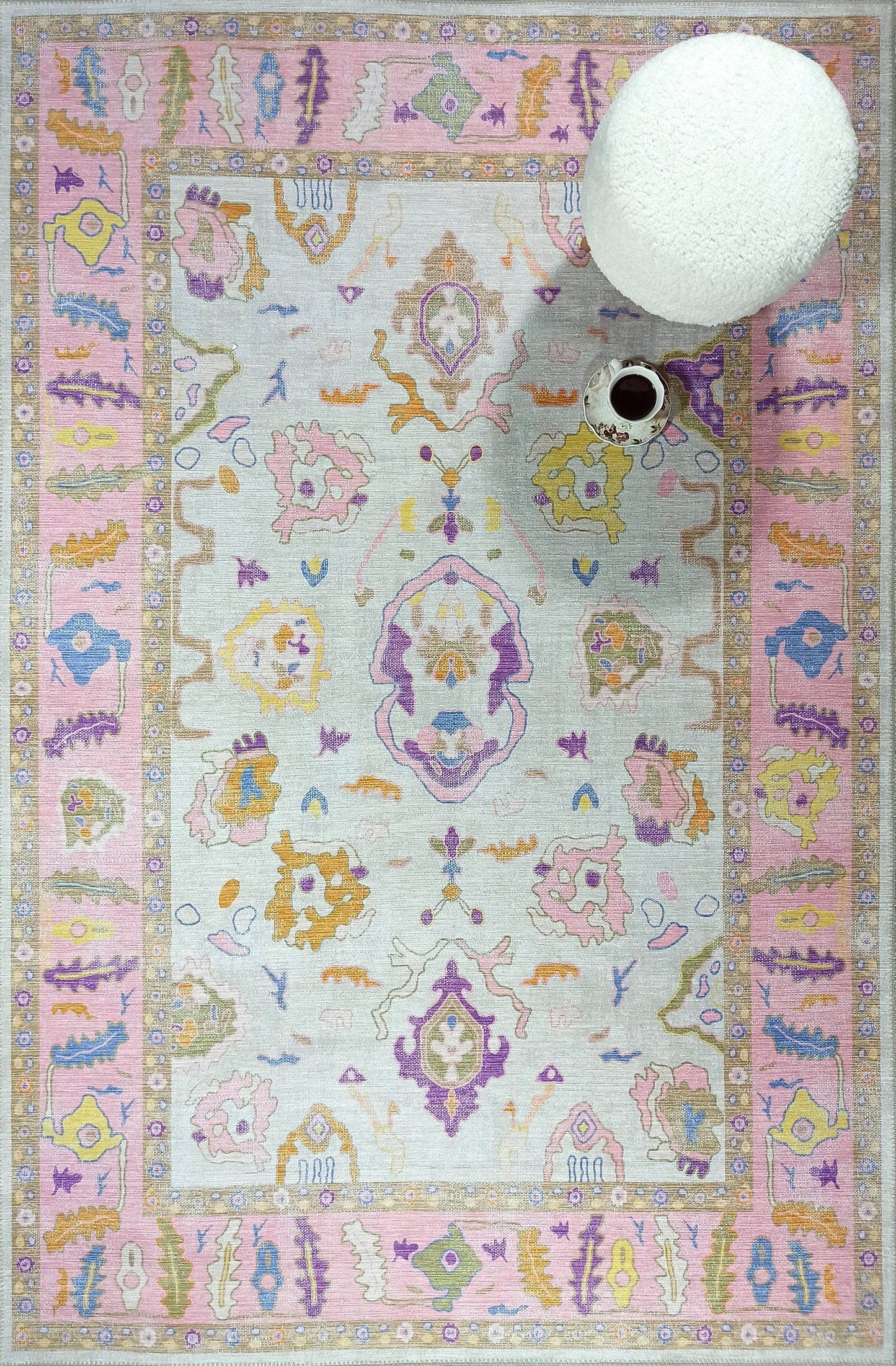 Modern Oushak Rug, Pink Bordered Vintage Turkish Pastel Colorful Oriental Inspired Area Rugs, Luxury Living room Bedroom Nursery
