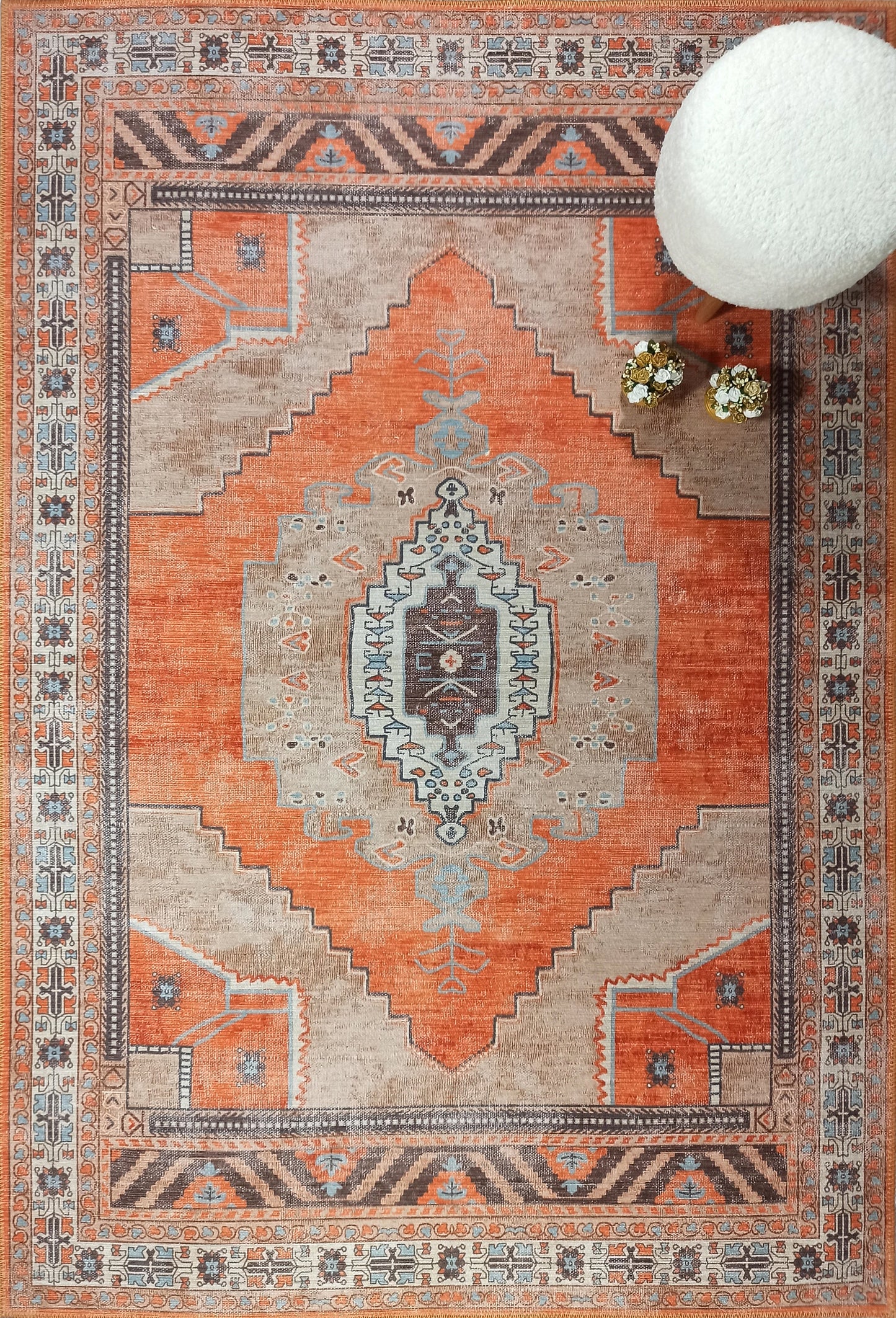 Turkish Vintage Rug, Bold Warm Shades of Orange Boho Eclectic Oriental Geometric Antique Persian Inspired Area Rugs Living room Bedroom Hall