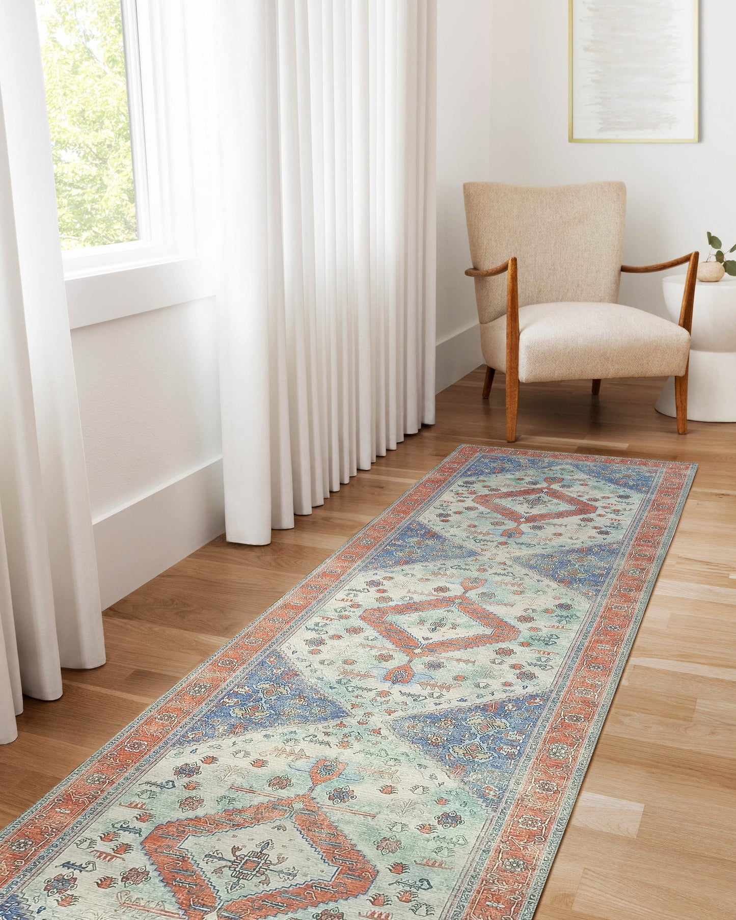Serapi Antique Persian Rug, Shades of Brunt Orange with a touch of Blue Modern Oriental Vintage Inspired Area Rugs Living room Bedroom Hall